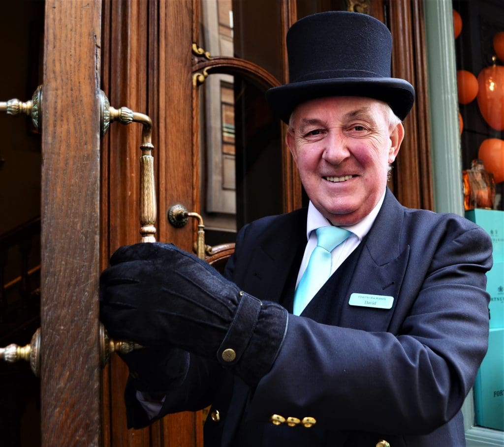 Wearing a top hat, tails and a smile,  David is the first person shoppers encounter as they enter Fortnum and Mason. His job-open the door so you don't have to.