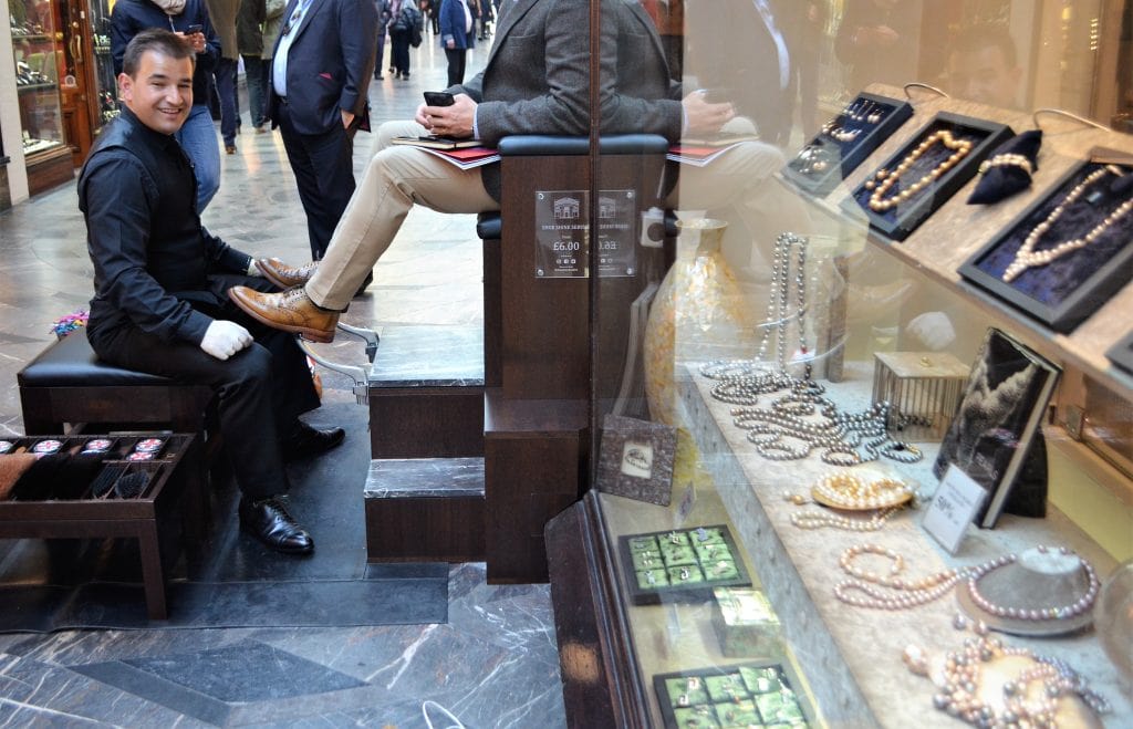 A high end shoe shine in Burlington Arcade