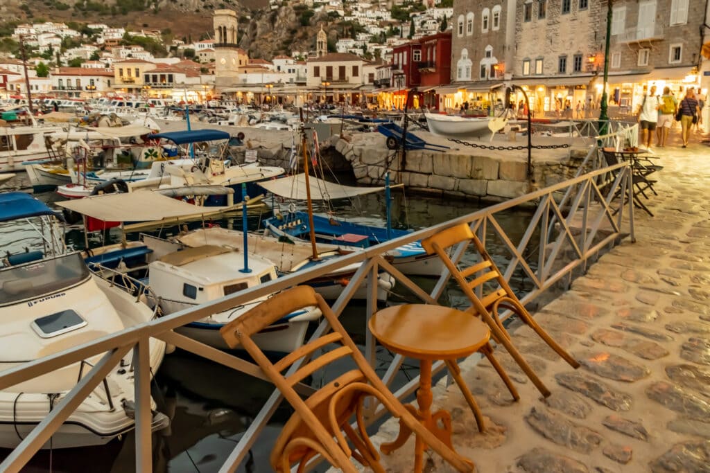Strolling along the Hydra port in the evening