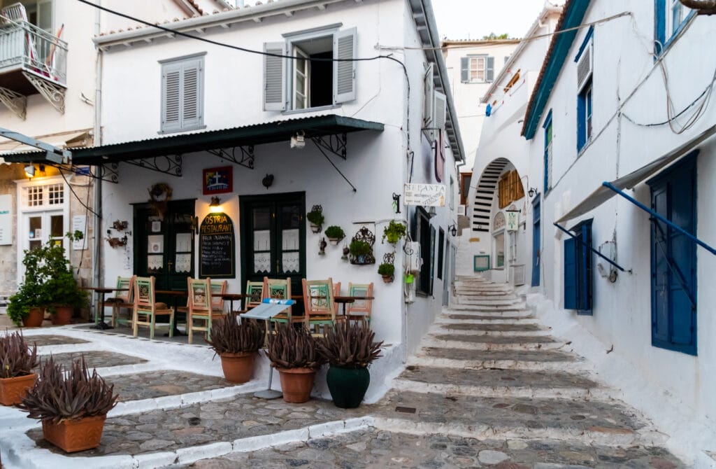 Stairs lead uphill from the harbor on Hydra