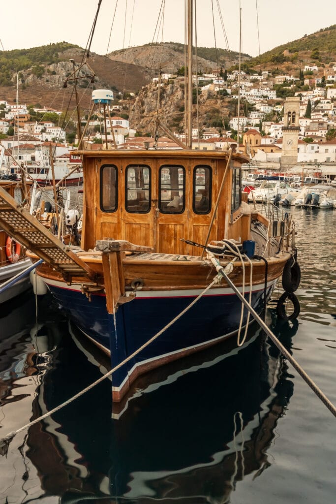 Local fishing boats dot the Hydra harbor
