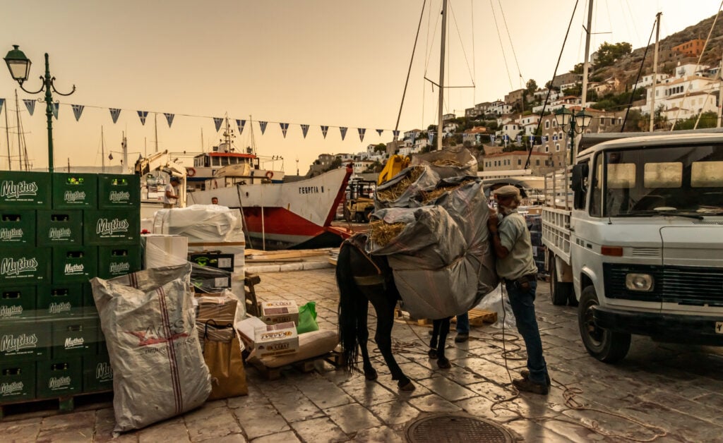 Unloading boats and loading up the donkeys on Hydra