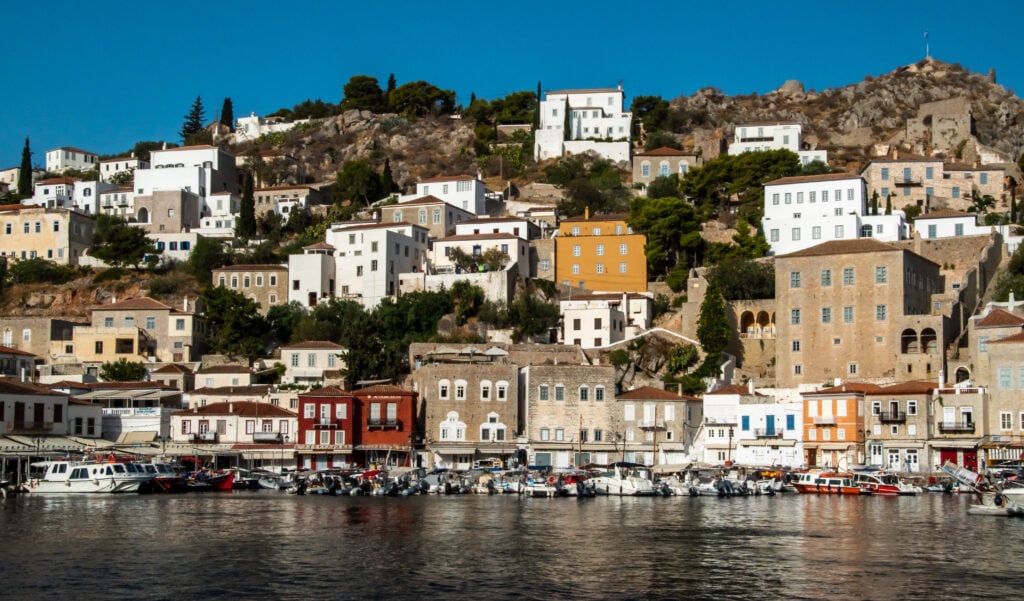 Mansions line the hillside in Hydra