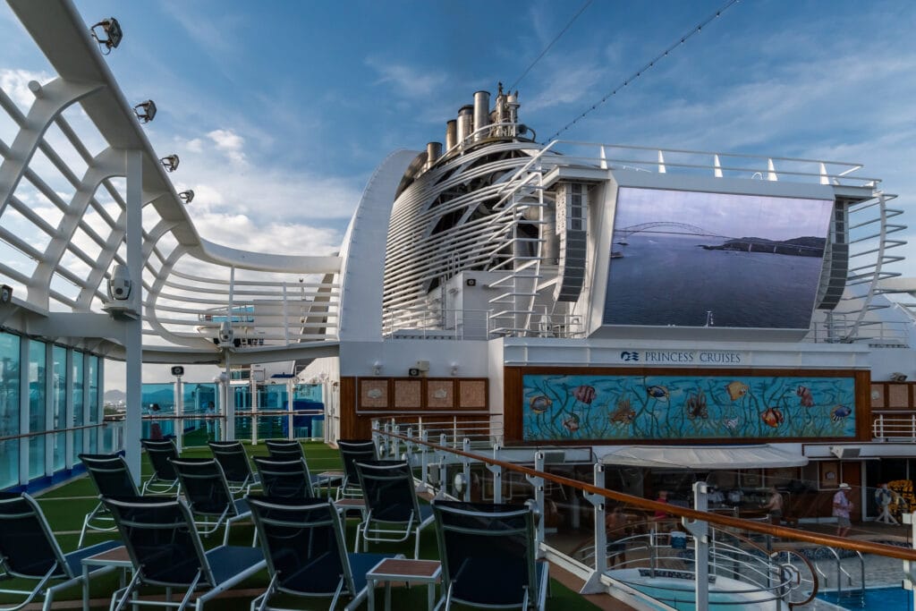 The ship's webcam views as we pass through the Panama Canal are displayed on the large movie screen on the Ruby Princess