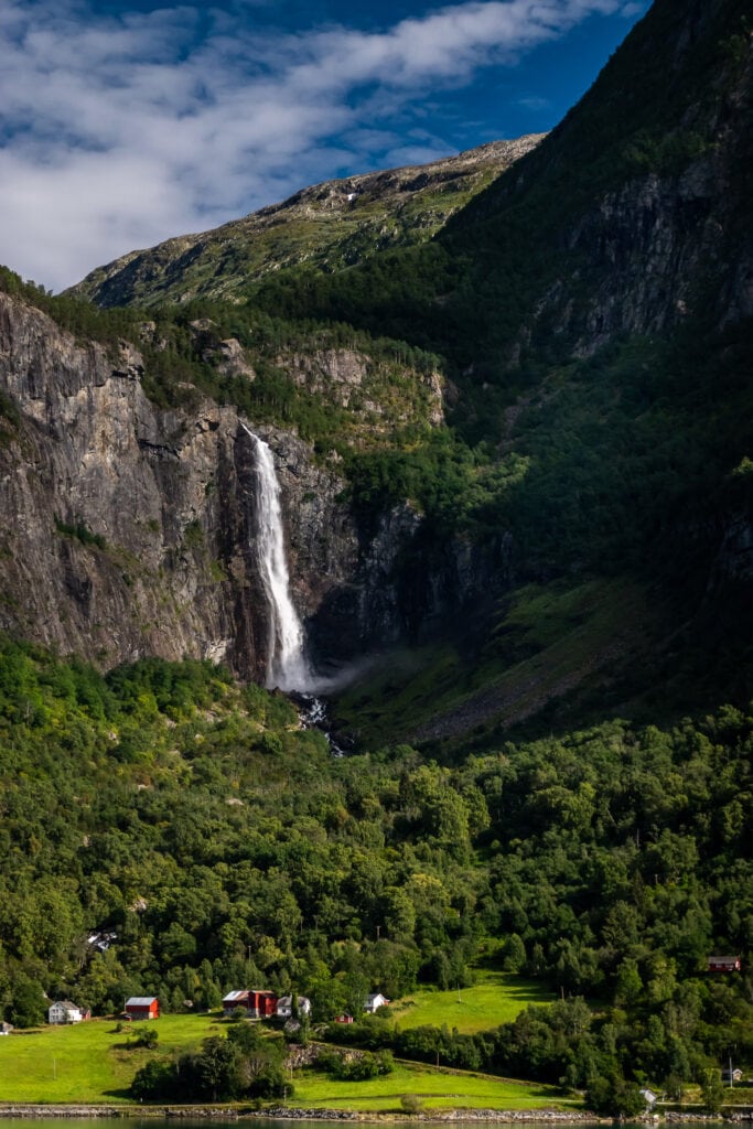 Mountains and waterfalls along the fjord