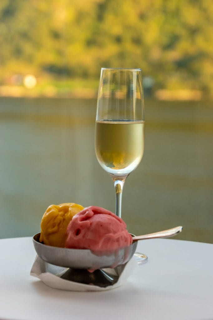 Enjoying gelato and a glass of sparkling wine on the Sky Princess