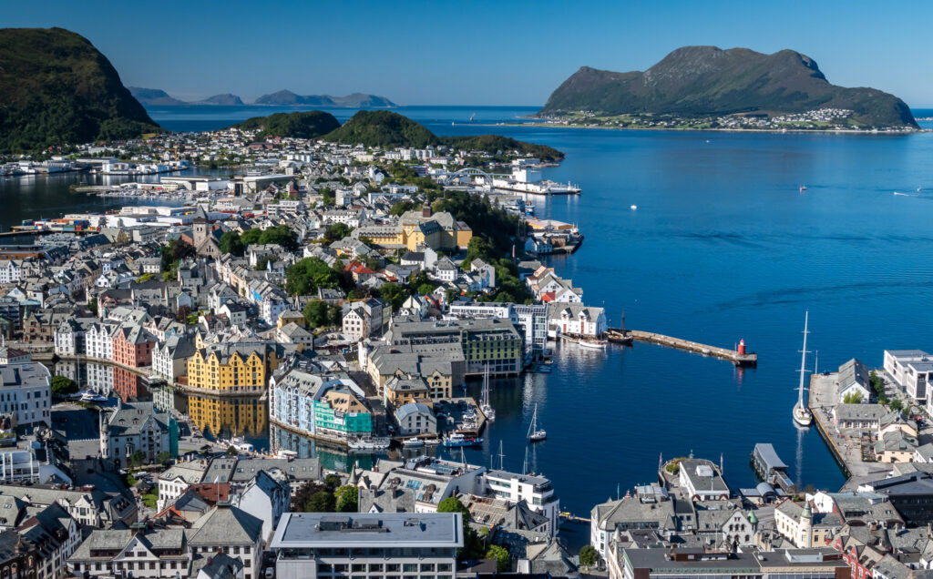 Aalesund sits in western Norway, along the coast of the Norwgian Sea.