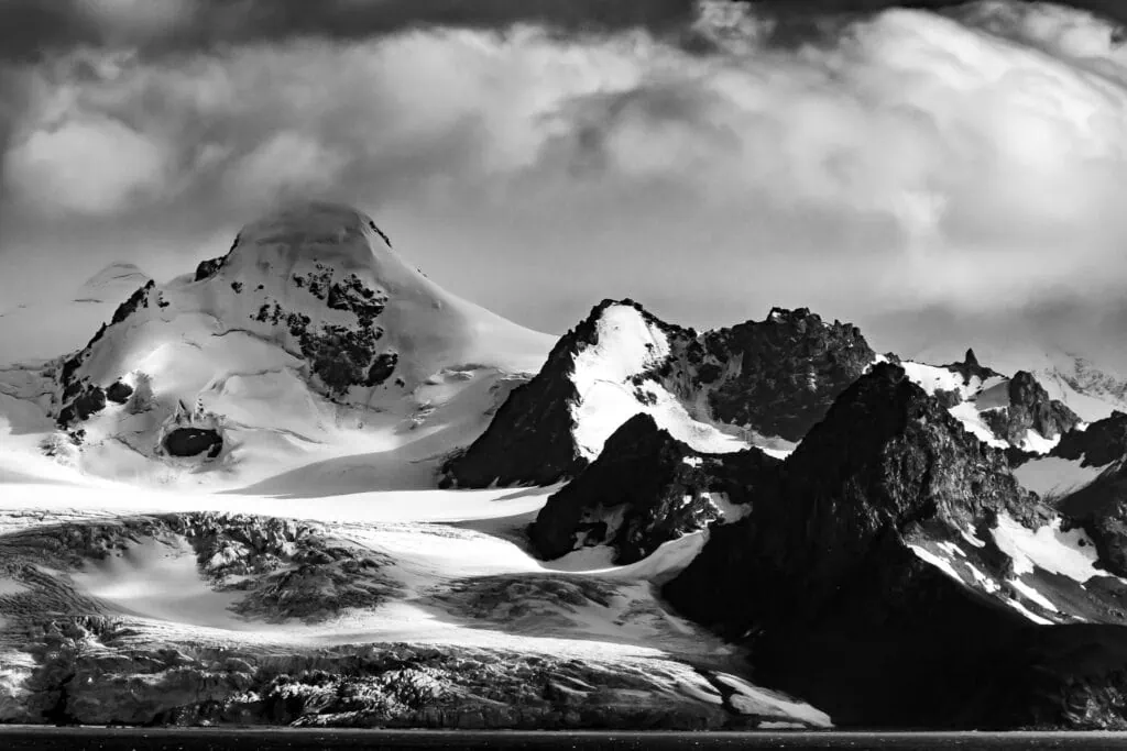 The glaciers and mountains of elephant Island in black and white