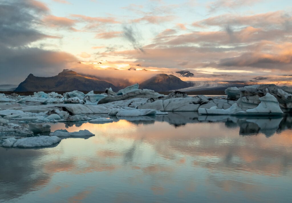 Glacier lagoon at sunrise