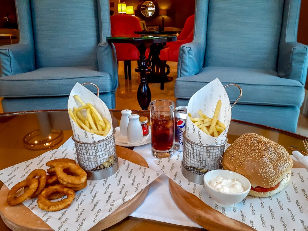 Burger and fries at the Hilton Dead Sea Resort and Spa