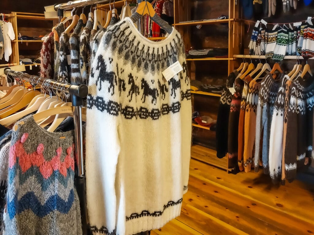 handmade Icelandic sweaters for sale in a local shop