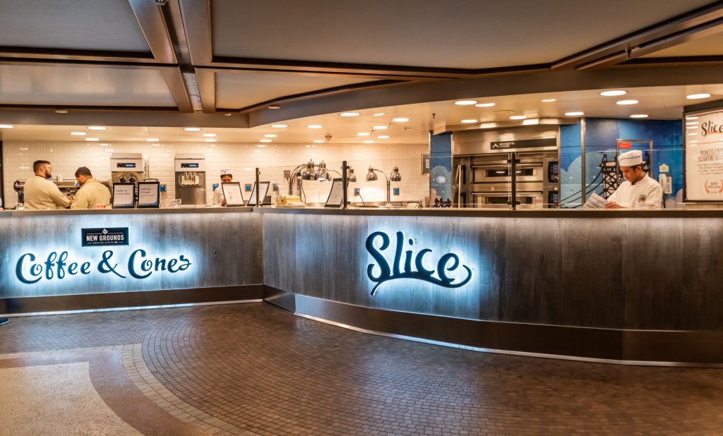Slice pizza and coffee and Cones on the Ruby Princess