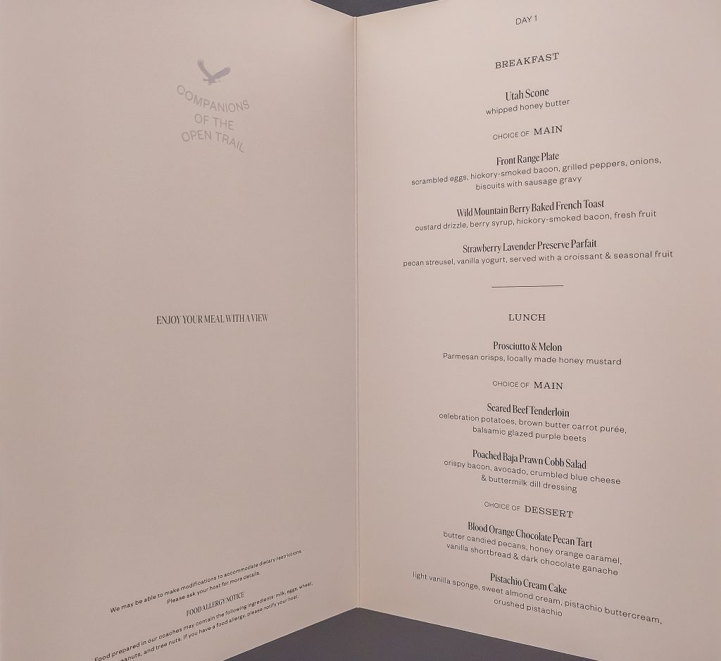 My Day 1 menu for breakfast and lunch on the Canyon Spirit