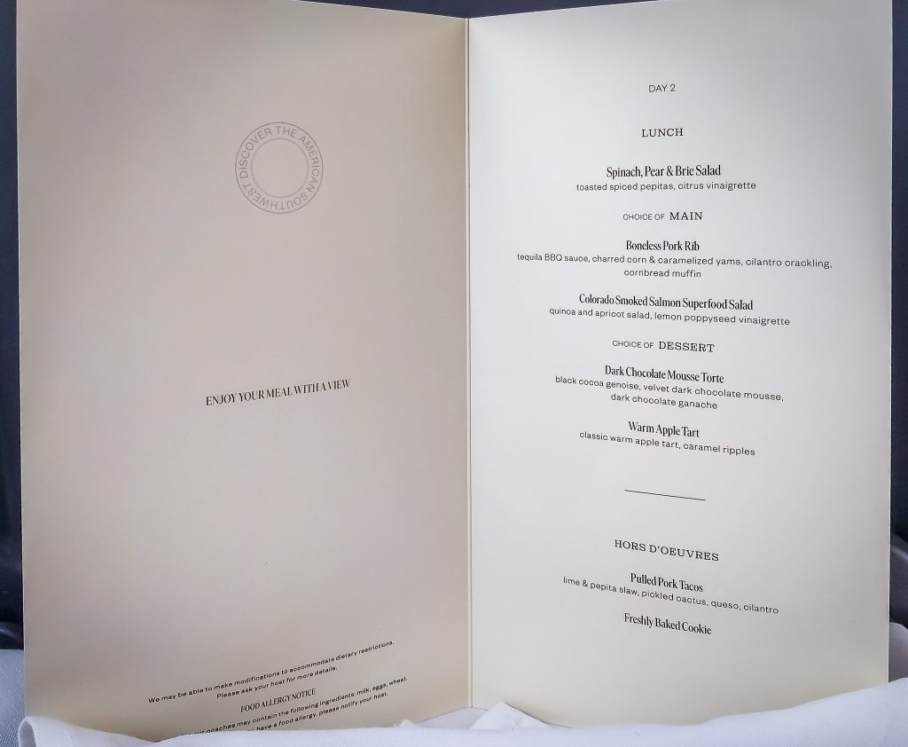 Day 2 menu on the canyon spirit