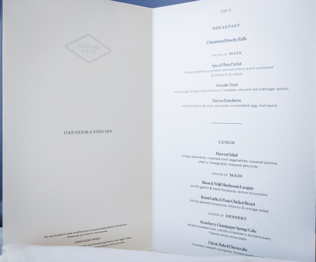 Day 3 menu on the Canyon Spirit