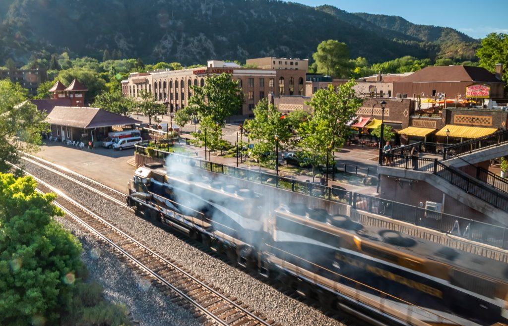 The Canyon Spirit pulling into the Glenwood Springs train station early in the morning