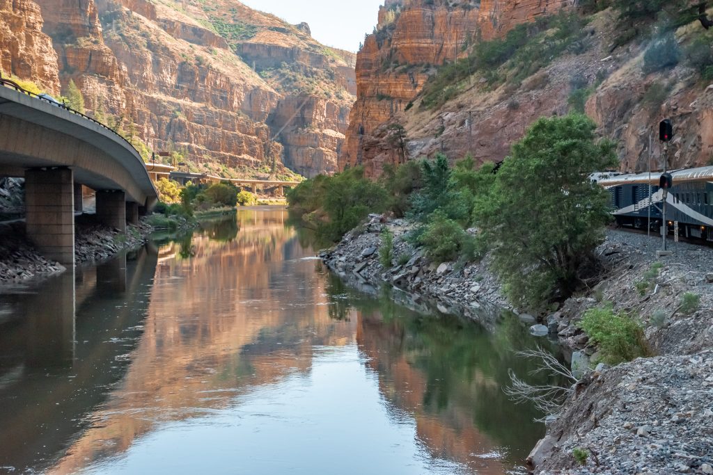 I-70 and our train make their way through the narrow Glenwood Canyon