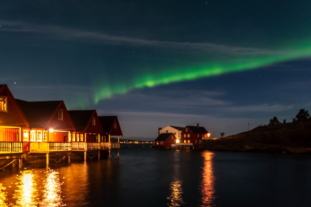 The northern lights over our cabin at the Vikaneset Havhotell