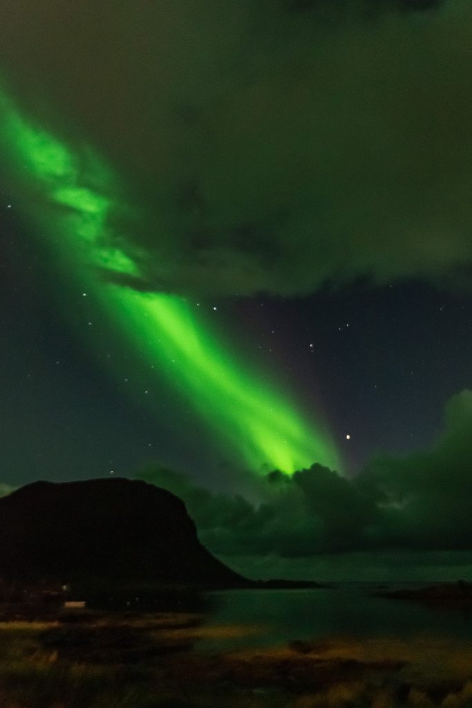 Northern lights views in front of our cabin on the Lofoten Islands in Norway