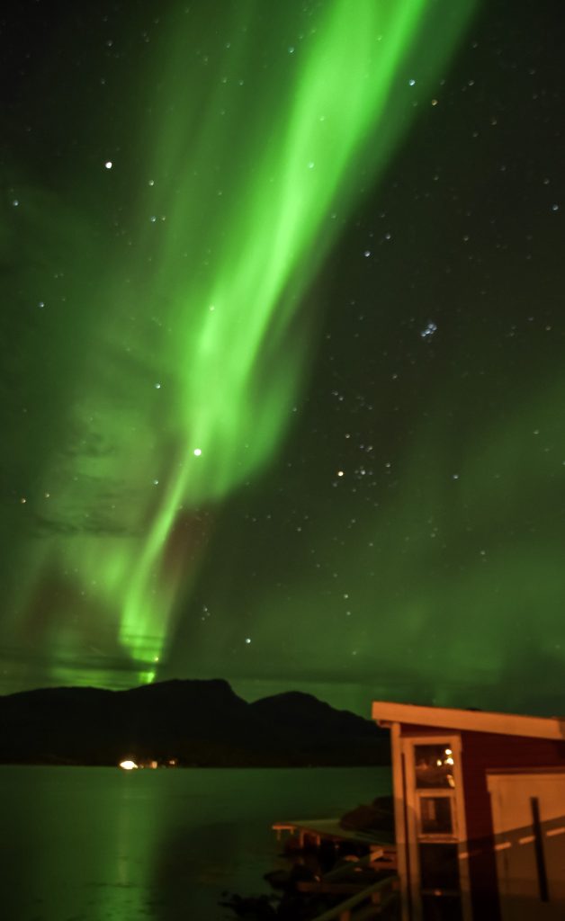 Northern lights views from our cabin at Vengsoy Robuer on the island of Vengsoya, Norway