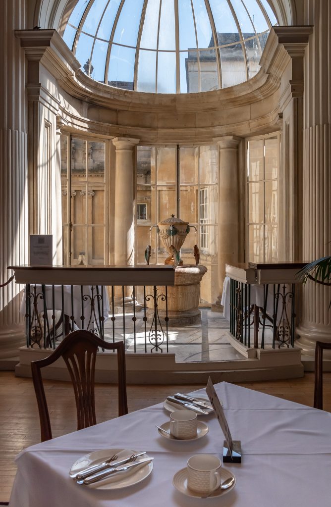 King's Spring water fountain overlooks the Roman Baths in the Pump Room