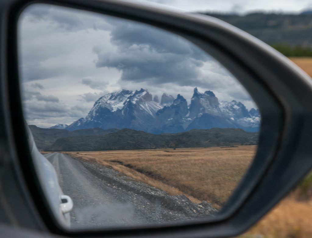 Torres del Paine view in the side view mirror