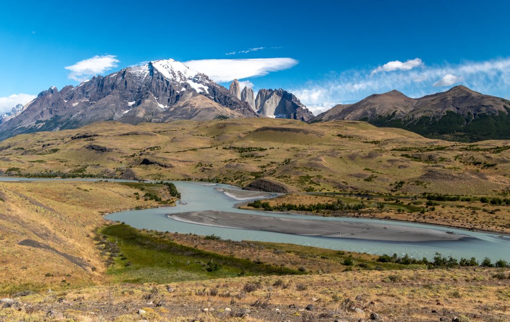 The Paine River and the Torres del Paine mountains