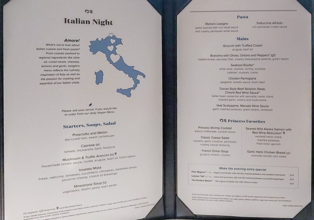 Main dining room Italian night menu