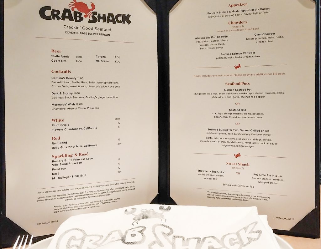 My Alaska cruise Crab Shack menu