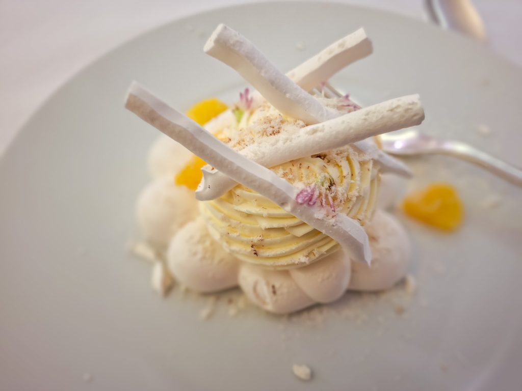 A pavlova dessert at dinner