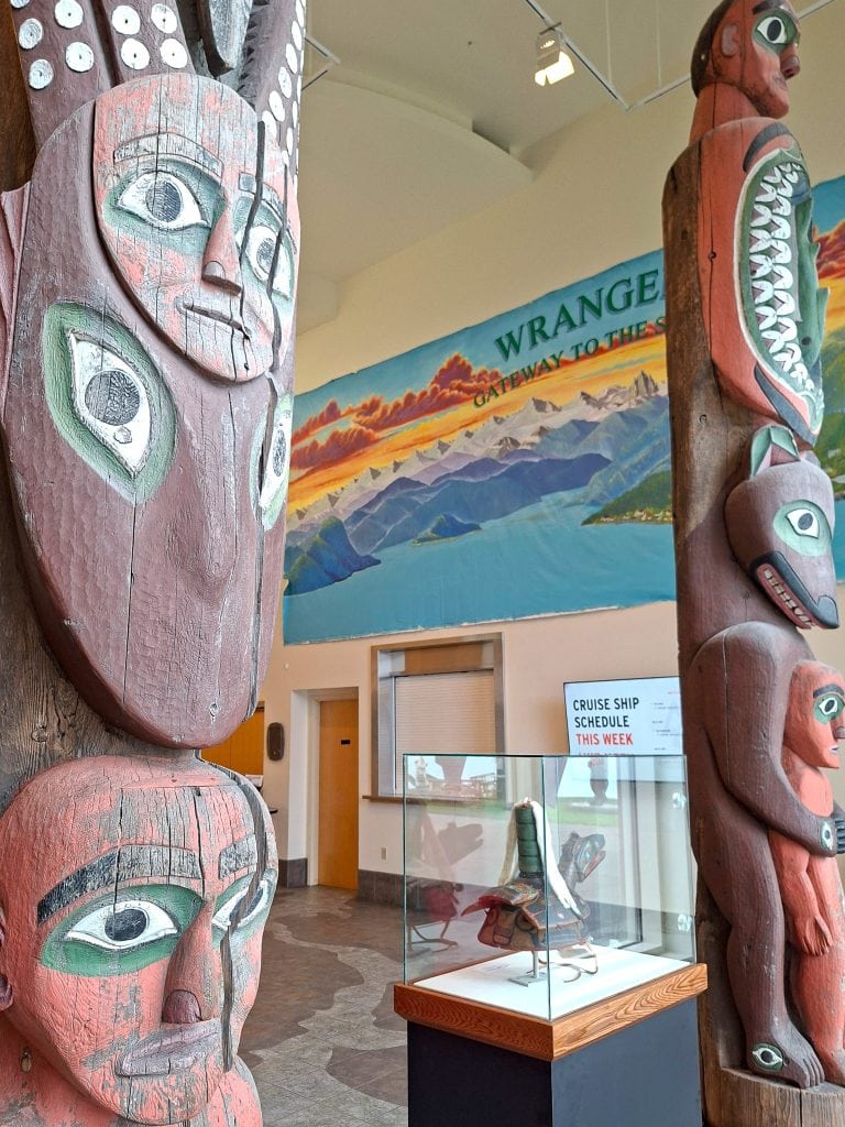 Historic totem poles in the Wrangell Museum