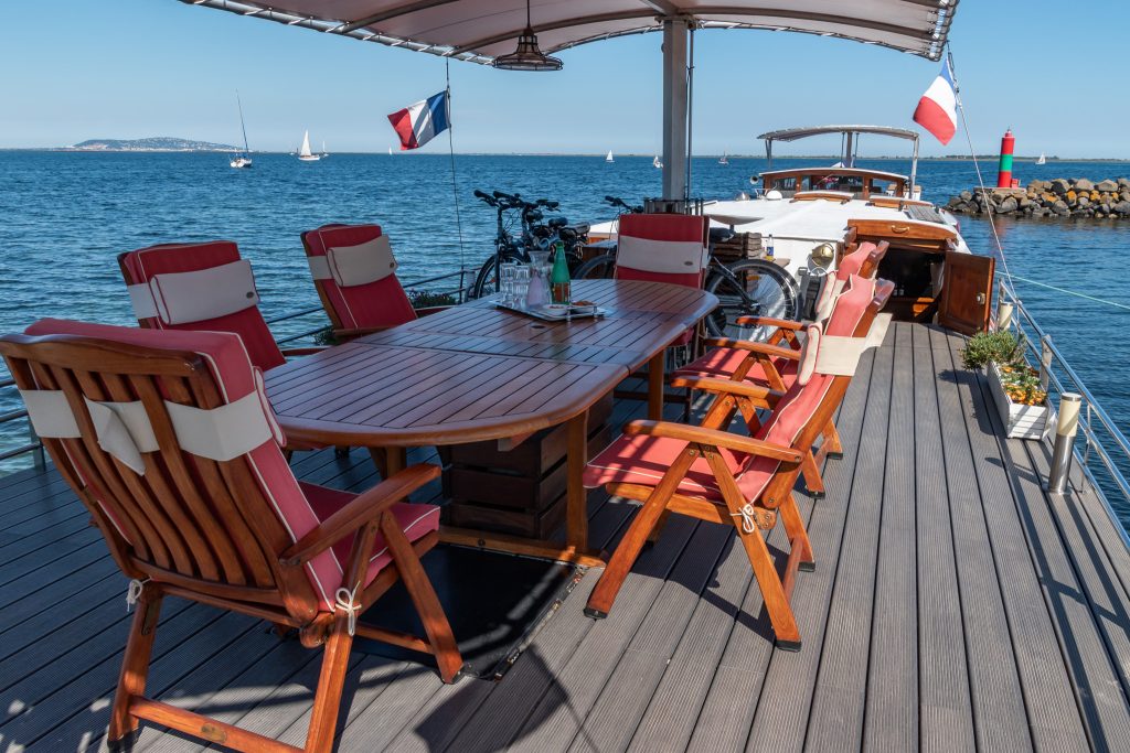 The spacious sun deck on the Athos barge