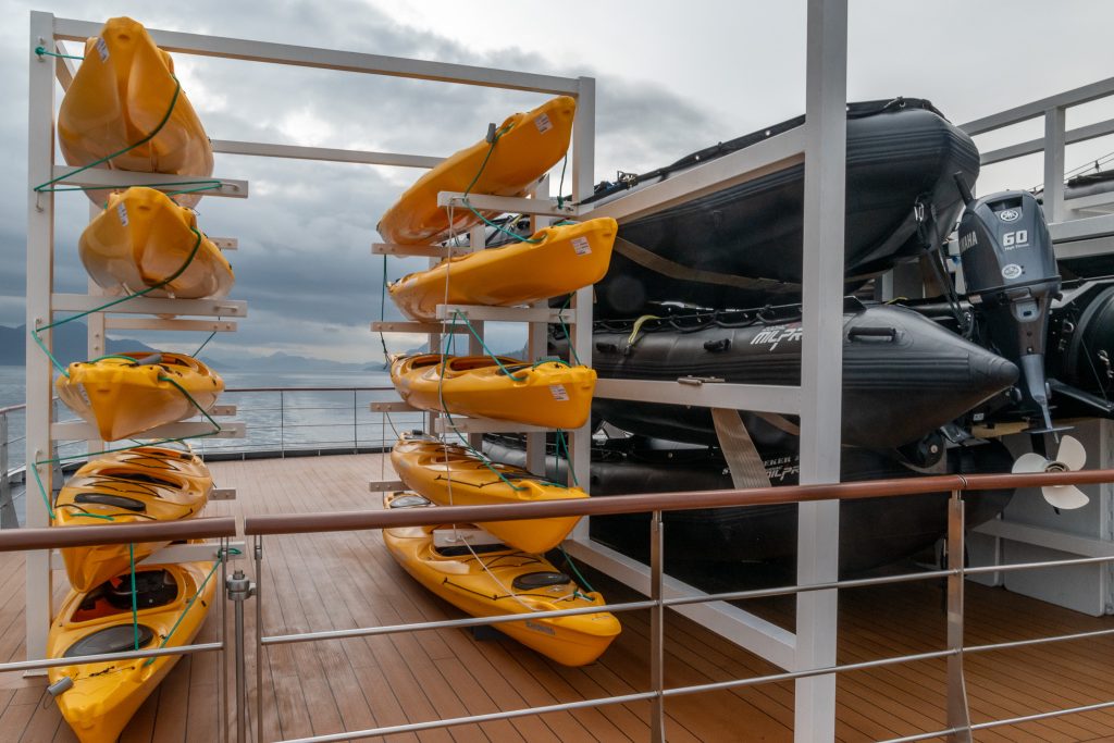 Some of the kayaks and Zodiacs stored on deck 8 of the Star Seeker