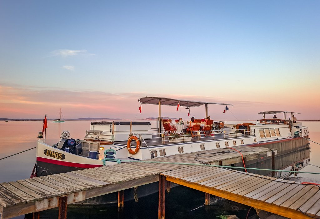 Enjoying dinner and drinks as the sun set on the Athos