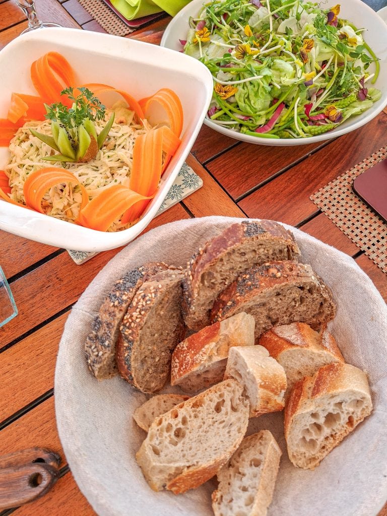 Crispy bread and salads for lunch on a hot day