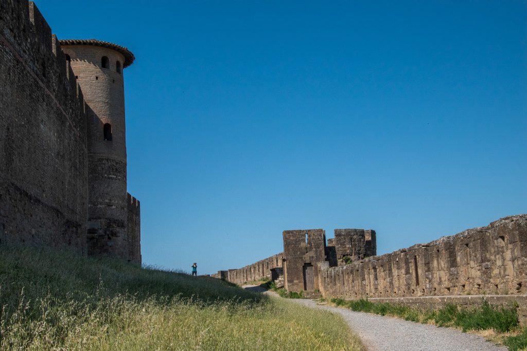 Walking between the two fortification walls at Carcassonne