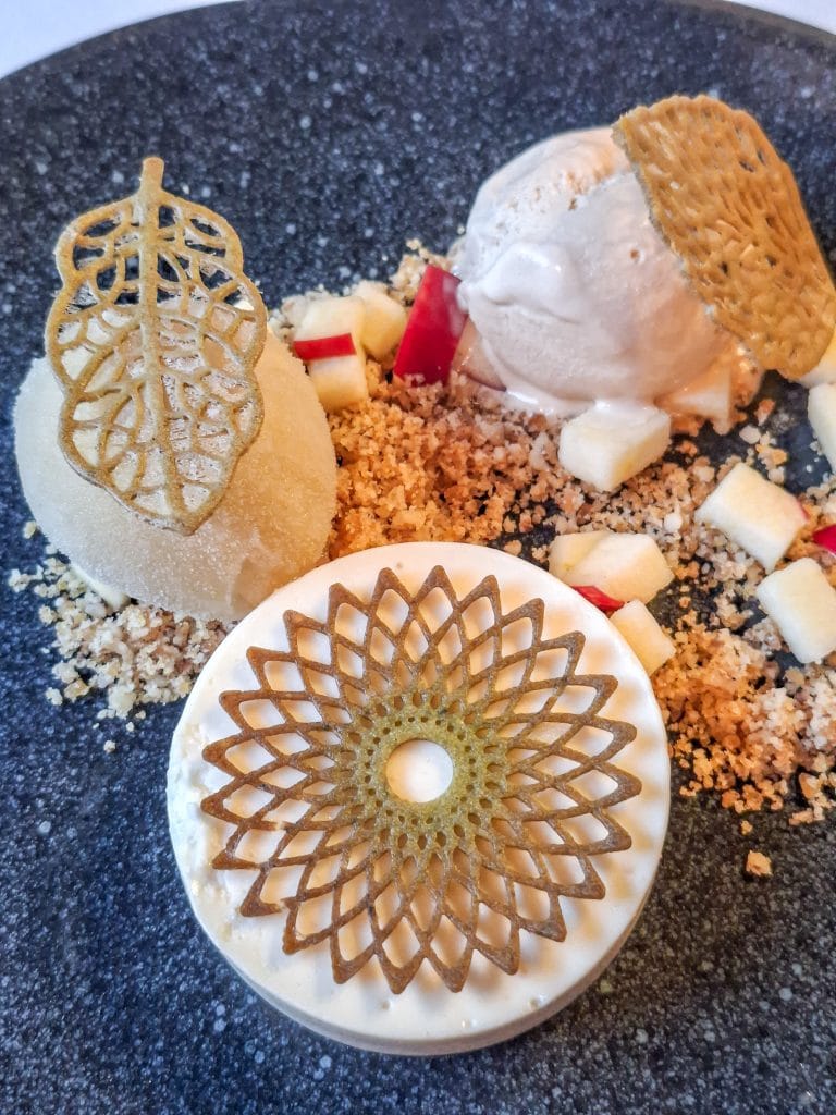 White chocolate with miso mousse and apple sorbet