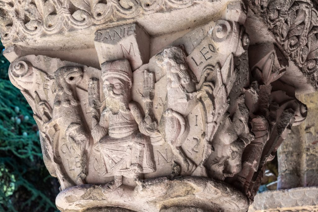Detail of one of the capitals on top of the columns in the cloister