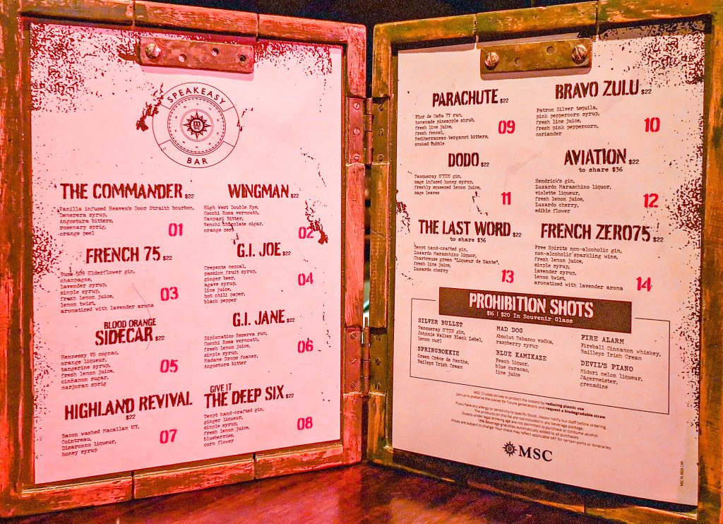 Speakeasy drinks menu