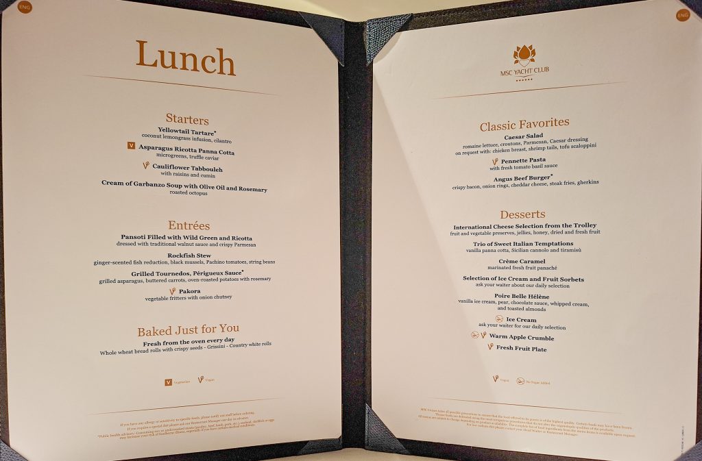 One of the lunch menus at the Yacht club restaurant