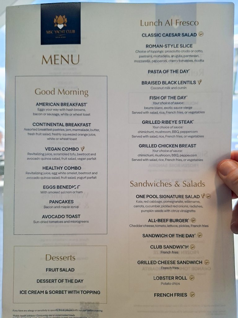 Yacht Club Grill menu
