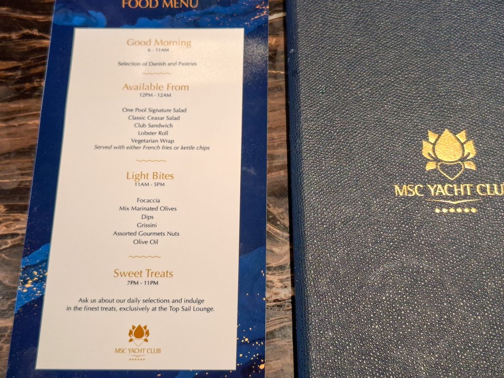 Top Sail lounge menu