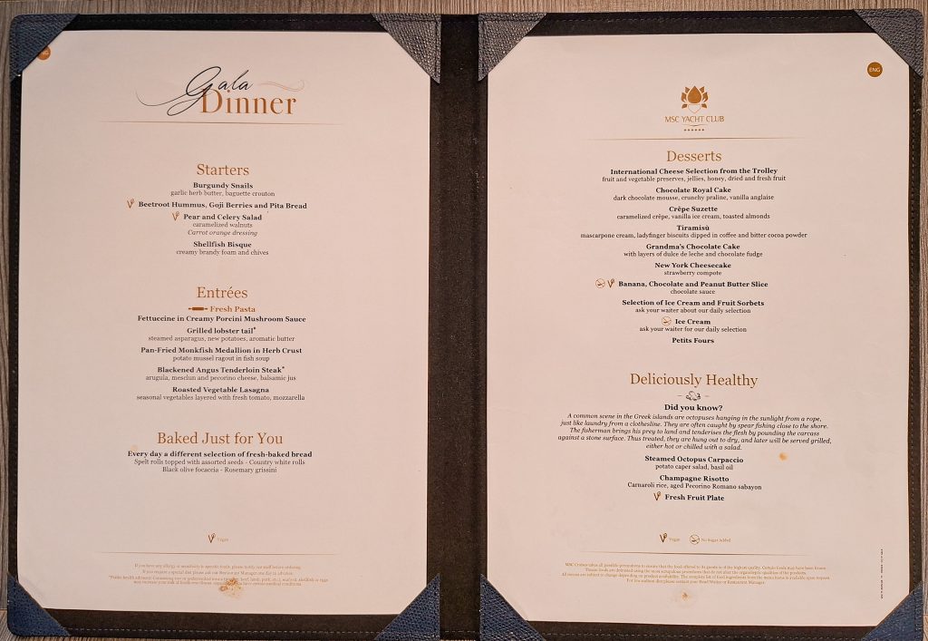Yacht Club restaurant Gala Dinner menu