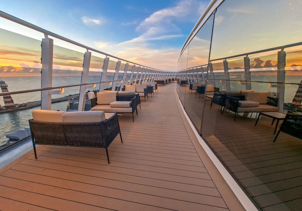Watching the sunset from the deck outside the Top Sail Lounge